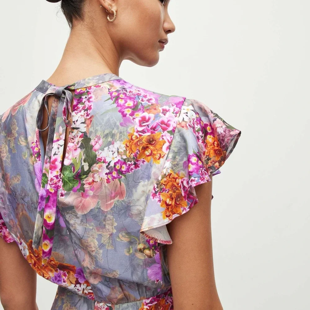 AllSaints Jemille Lucia Silk-Blend Mini Dress size 10 floral high neck sexy - Picture 3 of 12